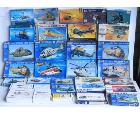 Collection of mostly 1/72 scale helicopter model kits and conversion sets from Revell, Hasegawa, Italeri, A Model, Hobby Boss