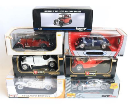 Seven boxed 1/18 scale diecast car models to include a Ricko Austin 7 (excellent condition, not attached to box), Maisto Prem
