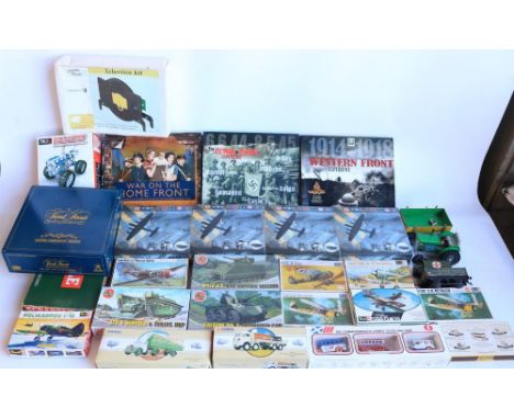 Mixed collection of plastic model kits, games, model vehicles including 2 Corgi trucks (both models mint), a clockwork tinpla