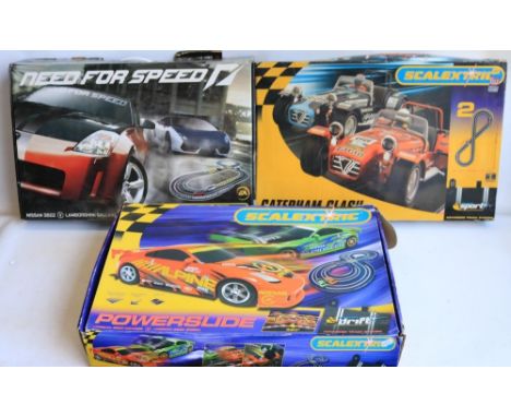 Three 1/32 scale Scalextric sets to include C1239 Need For Speed with good condition Nissan 350Z and Lamborghini Gallardo, C1