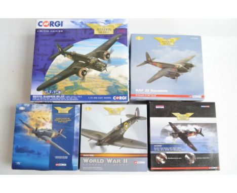 Five 1/72 scale limited edition diecast Royal Air Force World War 2 night fighter models from Corgi Aviation archive to inclu