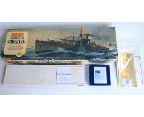 Matchbox 1/72 scale Flower Class Corvette plastic model kit (please note main hull front and rear half sections glued togethe