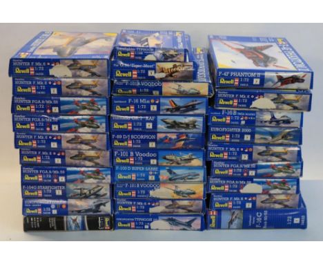 Thirty unbuilt plastic model kits from Revell, all but one in 1/72 scale (1x 1/144 Eurofighter Typhoon) to include Hunters, E