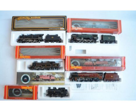 Five boxed OO gauge electric steam train models, most re-painted with changed identities to include Mainline 4-6-0 Jubilee Cl