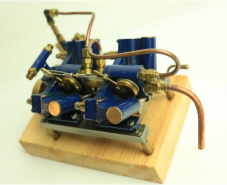 Beautifully constructed small scale V4 cylinder horizontal marine live steam engine model in excellent condition, base 15.4x1