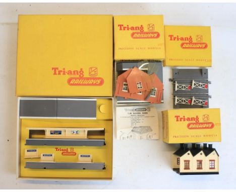 Three boxed Triang Railways TT gauge buildings to include T32 Island Platform Set, T34 Engine Shed and T38 Goods Shed, also i