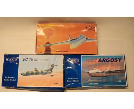 Three large 1/72 scale plastic model kits from Mach 2 to include a VC-10 K2, Vickers Valiant and Armstrong Whitworth Argosy, 