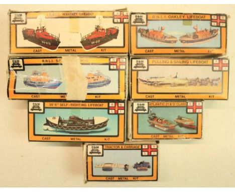 Seven white metal lifeboat kits from D&M to include Atlantic D21 with D Class, Oakley, Arun, Waveney and 35'6" Self-Righting 