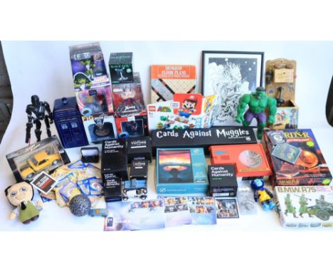 Mixed collection to include Pokemon cards, games, a plastic model kit, modern Star Wars items including cups and a lamp, Lego