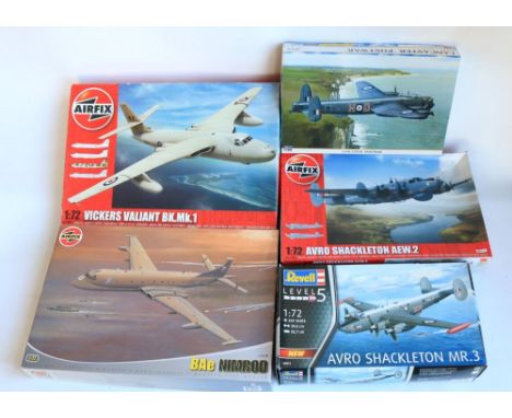 Five 1/72 scale post war themed plastic model kits to include Hasegawa SAR Avro Lancaster (decals in poor condition), 3x Airf