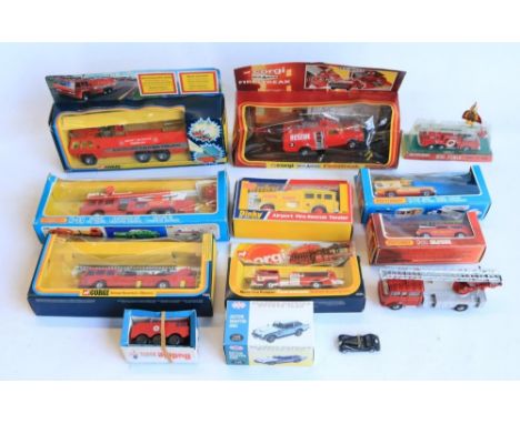 Collection of mostly boxed and generally vintage 1970's/80's diecast fire engine models from Corgi, Matchbox, Dinky and Budgi