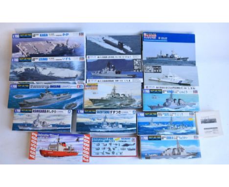 Sixteen 1/700 scale plastic ship models, modern Japanese navy themed, mostly waterline (coastguard and submarine models full 