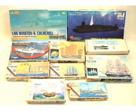 Nine unstarted 1/350 scale model ship kits to include Panda Models USS Winston S. Churchill, Bronco HMS Vanguard submarine, a