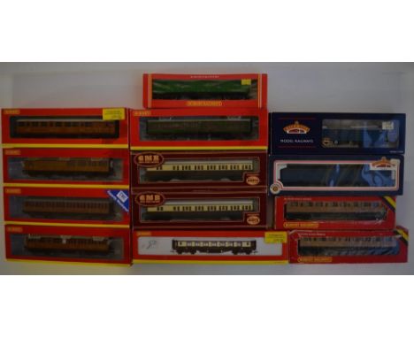 Thirteen boxed OO gauge passenger, brake, parcel and luggage coaches from Hornby, Airfix and Bachmann to include a Hornby R41