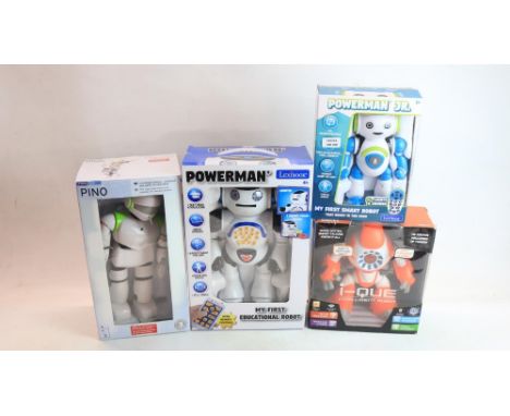 Four boxed electronic robot figures to include a Lexibook Powerman First Educational Robot and Powerman JR, an I-Que Intellig