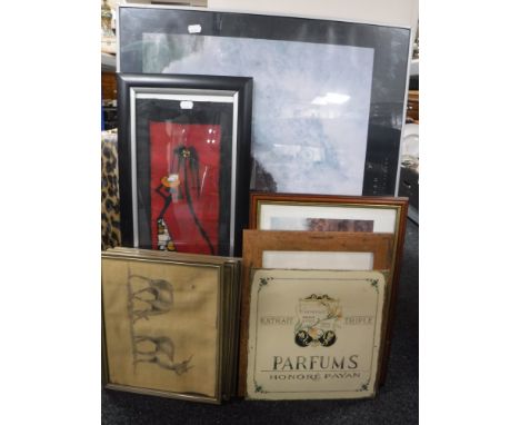 A vintage Antler leopard print luggage case and nine assorted framed prints 