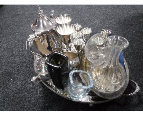 A tray of Viners plated tea service, plated goblets, glass ware, Holmegaard vase, cloisonne pin dish 