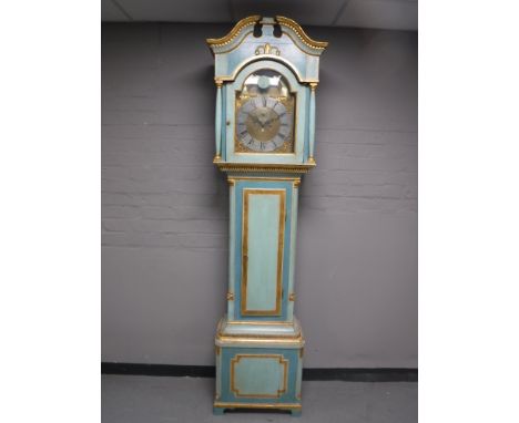 A continental painted and gilt longcase clock with pendulum and weights 