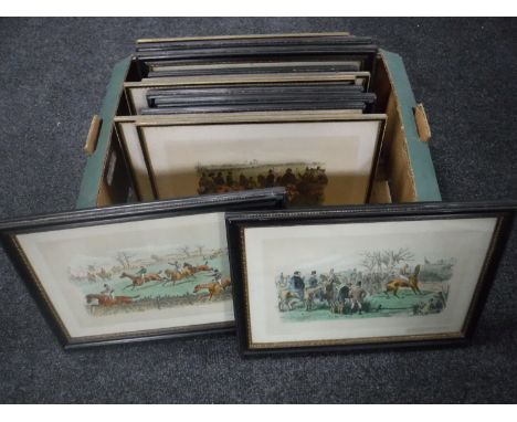 A box of fifteen framed hand coloured engravings of hunting scenes published by Ackerman