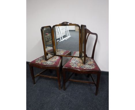 A mahogany triple dressing table mirror and pair of tapestry chairs 