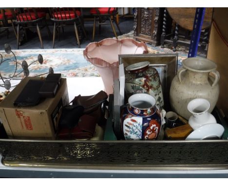 A brass fire curb together with a box and tray containing assorted vases, framed pictures, Eumig projector, vintage Salter sc