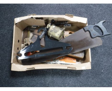 A box of vintage wood working tools - planes, hand saws etc and a brass Bladon blow torch 