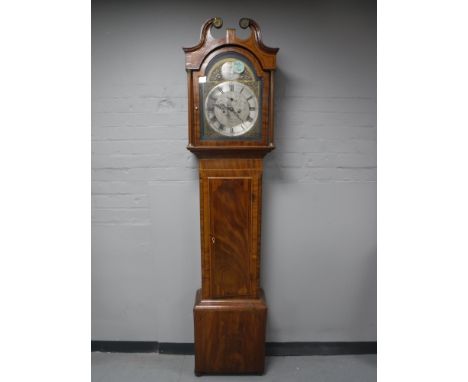An inlaid mahogany eight day longcase clock with pendulum and weights 