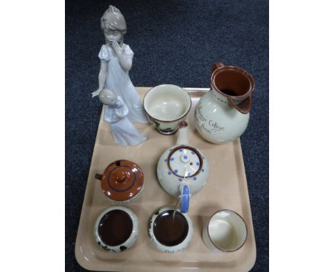 A tray of two Nao figures and seven pieces of tourist pottery 