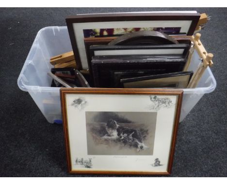 A box of antiquarian and later pictures and prints, a tapestry frame, a chalk framed mirror (damaged) 