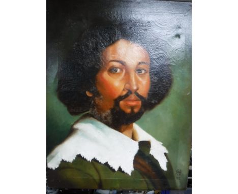 A unframed oil on canvas portrait study, initialled and dated '02, on an artist's easel  