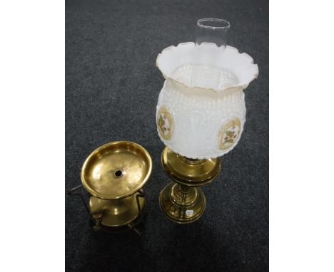 A brass Valor No. 55 pressure stove and a brass paraffin lamp with chimney and shade  CONDITION REPORT: The stove is stamped 
