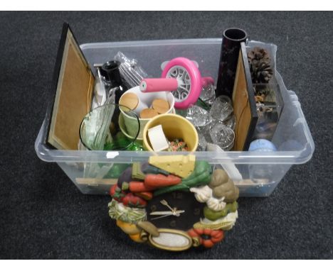 A box of assorted glass ware, ornaments, wall clock, prints and a disco light box 