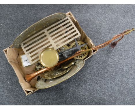 A box of vintage kitchen scales, hunting horn, embossed brass plaques, trivet etc 