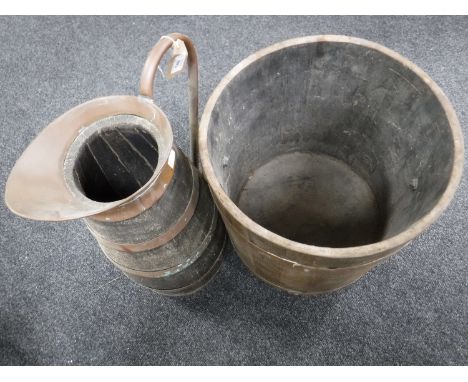 An oak coopered coal bucket and a stick stand in the form of a jug