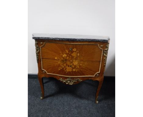 A French Kingwood and gilt metal mounted two drawer marble topped commode chest (marble a/f) 