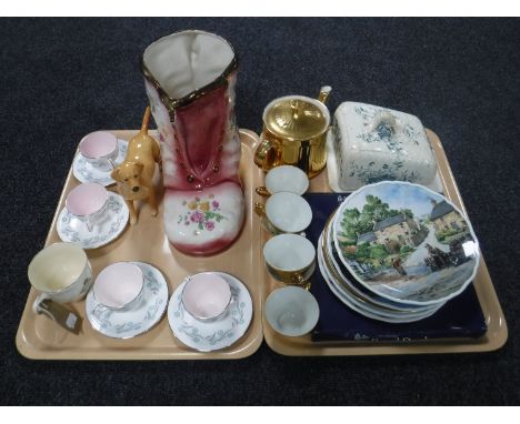 Two trays of Foley tea cups and saucers, collector's plates including Royal Doulton and Coalport, Beswick figure of a Labrado