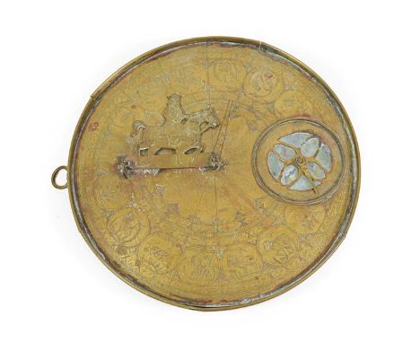 Persian Brass Sundial/Compass 9 1/4'' diameter with astrological symbols and other decorations to face 