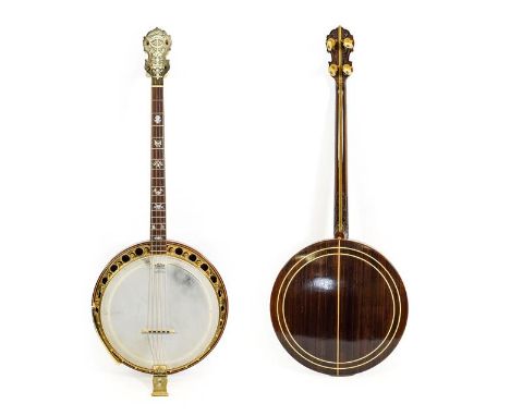 Wm L Lange Paramount Style F Four String Banjo 11'' head, 19 frets, 24 lugs, quick release resonator, plaque on inner hoop 'P