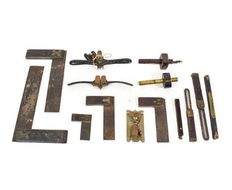 Various Woodworking Tools including five set squares rosewood/ebony with brass fixings, two mortice gauges and others 