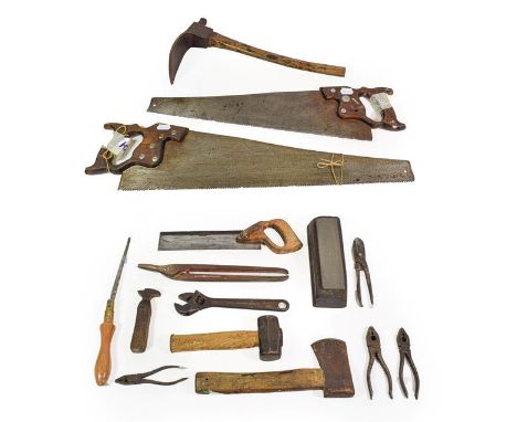 Various Woodworking Tools including an adze, two Disston saws longest 26'', Tenon saw and others 