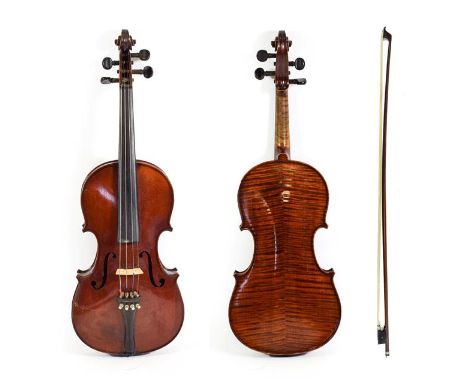 Violin 14'' two piece back, ebony fingerboard, labelled 'Barrel d'apres A Stradivarius' with bow in remains of case