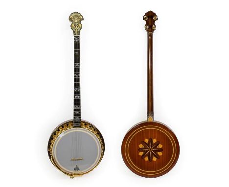 Paragon Artist Four String Banjo 11'' head, 22 frets, 28 lugs, removable concave resonator with floral marquetry, dowel stick