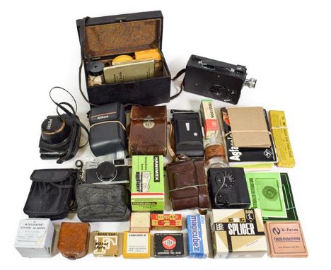 Various Cameras including Zeiss Super Ikonta II, Ensign 320 Selfix and Petri 7S  (all cases) Hanimex f3.5 135mm lens (boxed) 