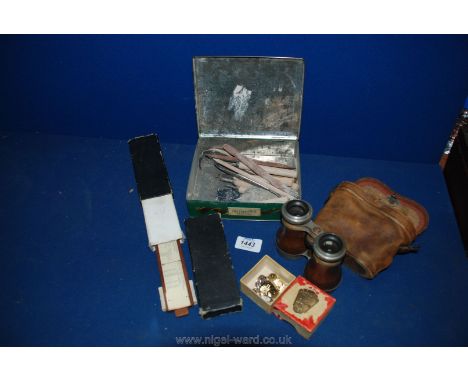 Seven various club Badges, pair of Binoculars, a tin of pottery carving tools and an Unique slide rule.