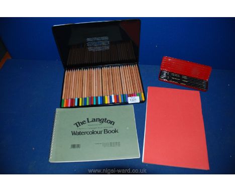 A cased set of Farrel and Gold sketching Pencils, a cased set of 36 watercolour Pencils and two sketch pads.