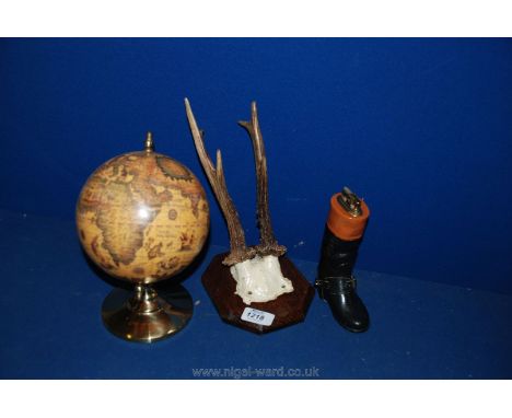 A Roe Deer Plaque, Riding Boot Lighter and small globe