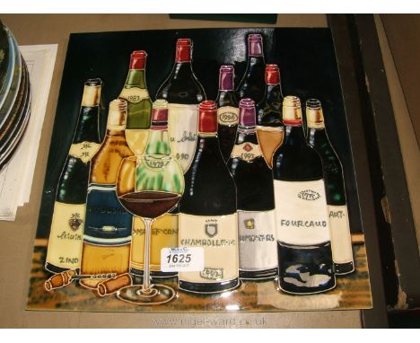 A large decorative Tile depicting bottles of wine, 11 3/4" x 11 3/4".