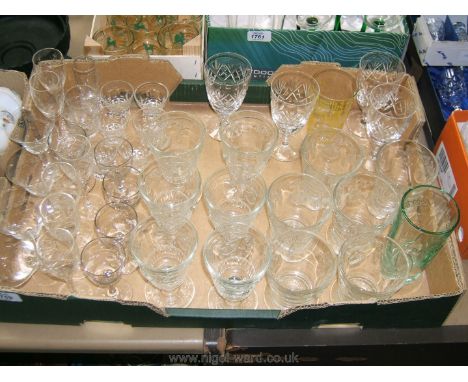 A quantity of glass including French made embossed stemmed glasses and tumblers, miscellaneous sherry glasses, four cut glass