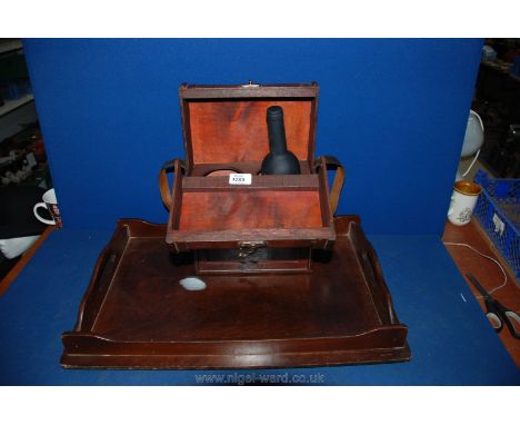 A wooden tray and a wooden Wine Box with leather carrying strap etc.