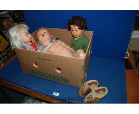 A vintage German composition Doll marked 201-7 needs re-stringing, jointed 24'' baby body, two other later English dolls 20" 